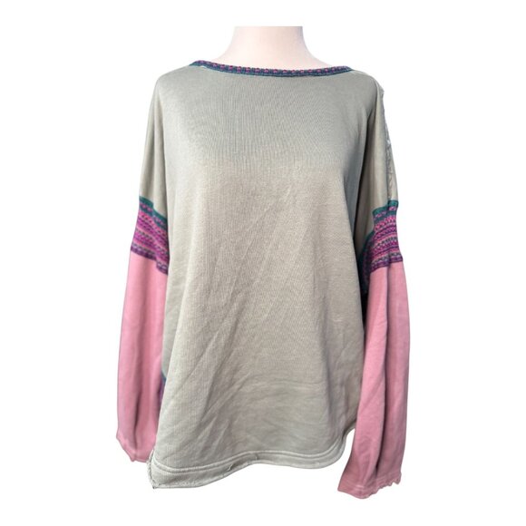 NEW Natural Life Boho Style Knit Top S/M Gray Pink Embroidered Sweatshirt - Picture 2 of 14